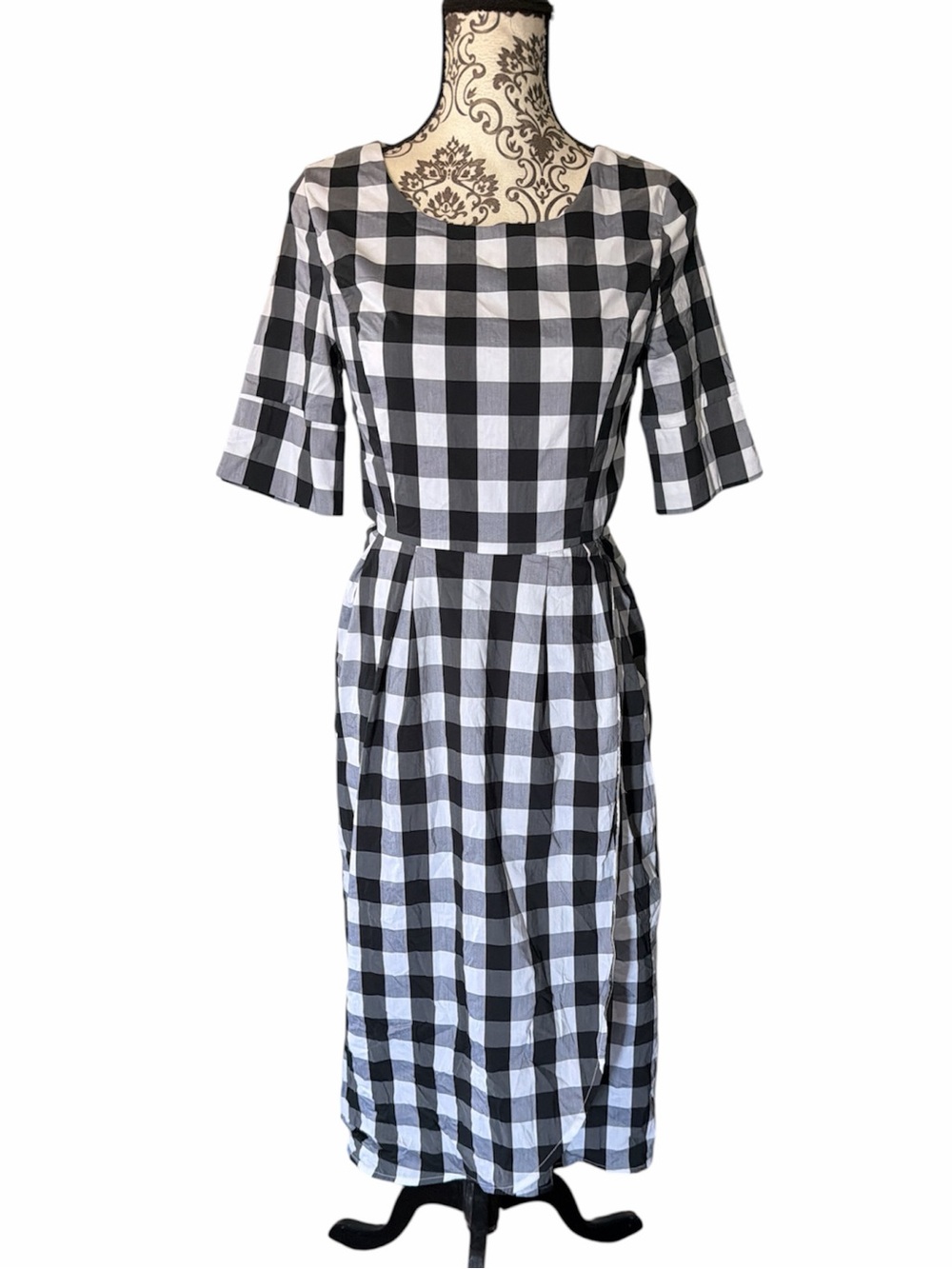 Classic Black and White Gingham Midi Dress